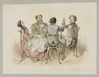 Quatre figures portant un toast à une table