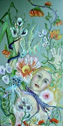 Femme en fleurs et oiseaux