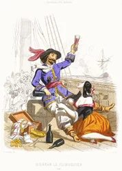 Le capitaine Henry Morgan festoie avec du vin et des femmes, à la manière des pirates, milieu du 19e siècle