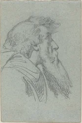 Homme barbu regardant vers le haut / Figure en manteau avec bras levés