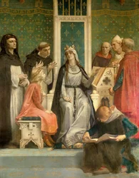 Blanche, reine de Castille, donne une leçon au futur roi Louis IX (Saint Louis) (1214-1270) enfant, peinture d
