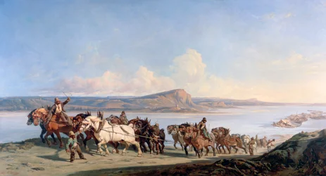 Attelage de chevaux tirant des bateaux sur le Rhône, vers 1825-1870