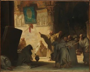 Scène dramatique avec des moines dans une crypte