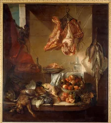 Intérieur de cuisine avec nature morte de gibier, fruits et viande