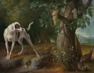 Chien pointant des perdrix dans un paysage