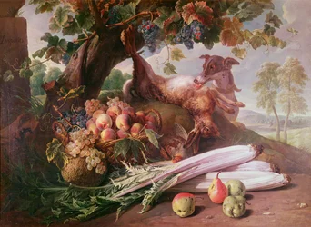 Nature morte de fleurs, gibier et fruits