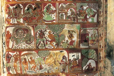Fresques représentant la vie de Shiva dans le sanctuaire de Parvati, temple de Nataraya, Chidambaram, Tamil Nadu, Inde, 5ème siècle
