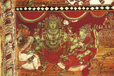 Visnu, détail des fresques représentant la vie de Shiva dans le sanctuaire de Parvati, temple de Nataraya, Chidambaram, Tamil Nadu, Inde, 5ème siècle