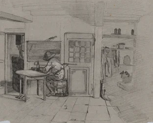 Intérieur de ferme avec un garçon à une table