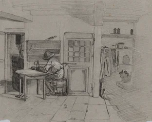 Intérieur de ferme avec un garçon à une table