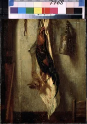 Nature morte de coq et lièvre, suspendus à un crochet, et lanterne