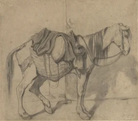 Petit cheval de bât debout avec des paniers latéraux et une cruche