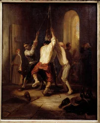 Les sonneries. Des hommes tirent la corde pour sonner les cloches. Peinture d