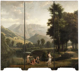 Paysage arcadien avec des jeunes filles cueillant des fleurs au bord d
