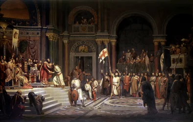 Godefroy de Bouillon reçu par Alexis Comnène, empereur de Constantinople, en 1097, lors de la défense de la ville contre les Turcs pendant la première croisade en 1096-1099