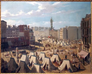 Camp de troupe, sur le Boulevard du Temple à Paris, pendant les journées de juin 1848. Peinture de Josquin (?), huile sur toile, art français