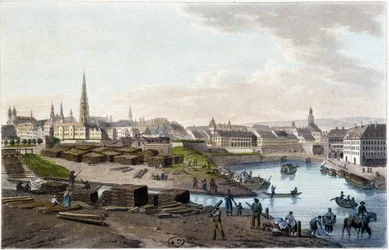 Vue de Vienne depuis la côte de Leopold-Stadt (travaux sur le quai) - dans "Voyage pittoresque en Autriche" par le comte Alexandre de Laborde, Paris, éd. Firmin Didot
