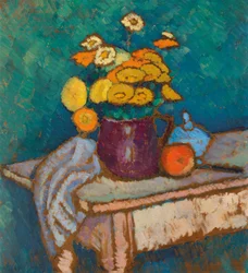 Nature morte avec tissu, fleurs dans un pichet et pomme, 1909-1910