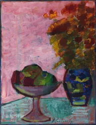 Nature morte avec bol de fruits et vase de fleurs