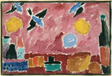 Avec du papier peint rouge à hirondelles. 1915