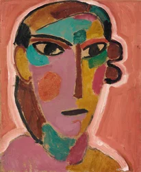 Tête mystique : tête de femme sur fond rouge