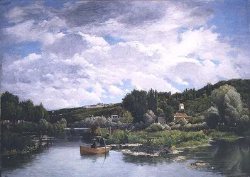 Scène de lac avec pêcheurs et cottages derrière