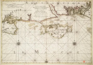 Carte de la côte anglaise, île de Wight et port de Portsmouth