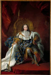 Portrait de Louis XV (1710-1774) enfant sur son trône vêtu du costume et des attributs sacrés. Peinture d