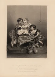 Comte de Dalkeith (William Henry), Henry John et Walter Charles Scott Douglas, fils du 5e duc de Buccleuch, 7e duc de Queensberry. Deux fils portent des robes en tartan avec des rubans, le plus jeune porte un bonnet et une robe en satin. Gravure en acier p