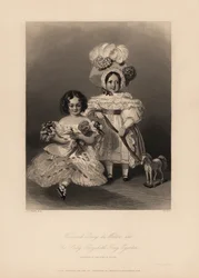 Vicomte Grey de Wilton et Elizabeth Grey Egerton, enfants de Thomas Egerton, 2e comte de Wilton. Fille avec des boucles et une robe à volants tenant une poupée, et fils en robe et bonnet à plumes tenant un ruban attaché à un cheval jouet. Gravure en acier 