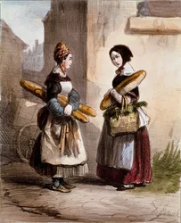 Petits métiers : la boulangerie. Jeune marchand de pain ambulant. Gravure par Alfred Andre Geniole de « Les femmes de Paris » 1841-1842 Paris, Musée Carnavalet