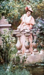 Leisure Moments. Une femme élégante regarde un bassin appuyé a une balustrade. Peinture de Alfred Augustus I Glendening (ac.1861-d.1903 British) Collection privée