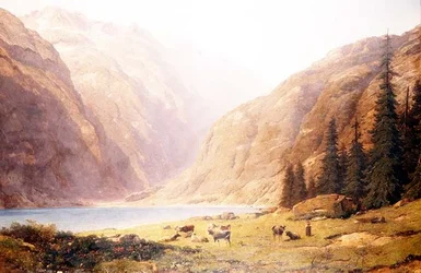 Paysage lacustre montagneux avec du bétail