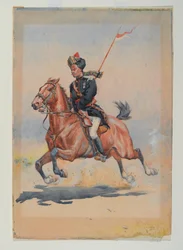 Un Jat Sowar de la 6e cavalerie monté, galopant, avec une lance en bandoulière