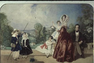 M. et Mme George Knott, avec quatre enfants, sur la terrasse de Bohun Lodge, New Barnet