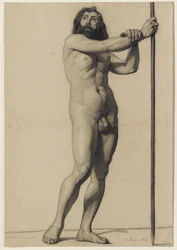 Étude académique de figure : nu masculin tenant un bâton, 1844