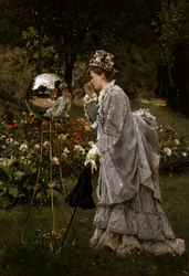 In the Park ca. 1875. Une femme portant une robe a tournure (ou faux-cul ou faux cul) regarde son reflet reflechi dans une sculpture a effet de miroir. Peinture de Alfred Emile Leopold Stevens (1823-1906 Belgian) Collection privee