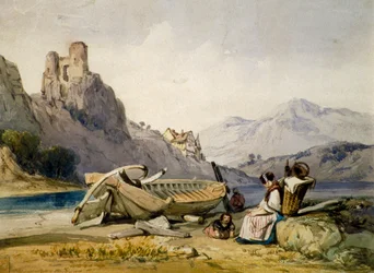 Figures et un bateau sur le rivage d