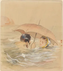 Baigneurs masculins et féminins avec parapluie