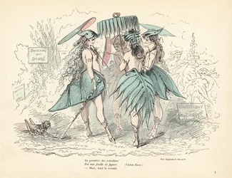 Femmes vêtues uniquement de robes en feuilles de figuier et de chapeaux, tenant des feuilles