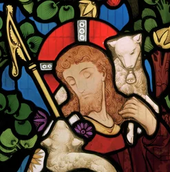 Abbey Cwm Hir, Heaton, Butler & Bayne, Alfred Hassam, Le Bon Pasteur (détail)