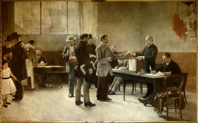 Suffrage universel. Un bureau de vote en 1891. Peinture d