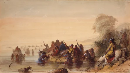Navigation de taureaux sur la rivière Platte, c.1837