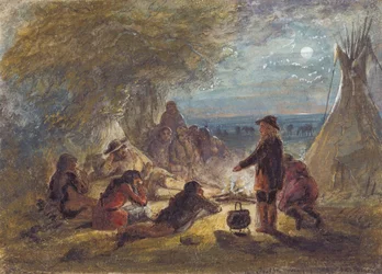 Feu de camp la nuit; trappeur racontant une aventure, vers 1858