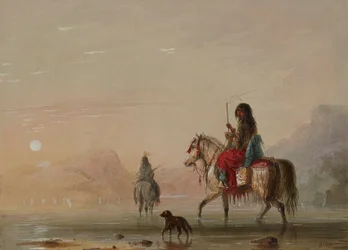 Un Indien et sa squaw traversant une rivière à gué