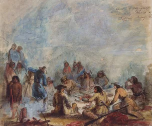Lever de soleil, trappeurs et voyageurs prenant leur repas de côte de bosse de bison, c.1837 (aquarelle sur papier)