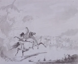 Lancer le lasso, c.1837 (plume et encre avec lavis gris sur carton gris)