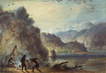 Campement de trappeurs, scène de lac, montagnes Wind River, vers 1837