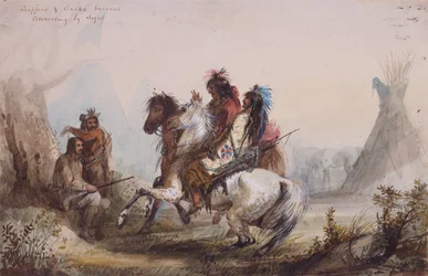 Trappeurs et Indiens Serpents conversant par signes, c.1837 (crayon, aquarelle et gouache sur papier)