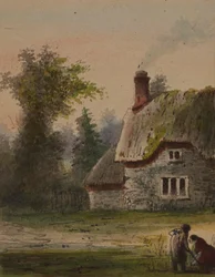Deux personnages devant un gîte